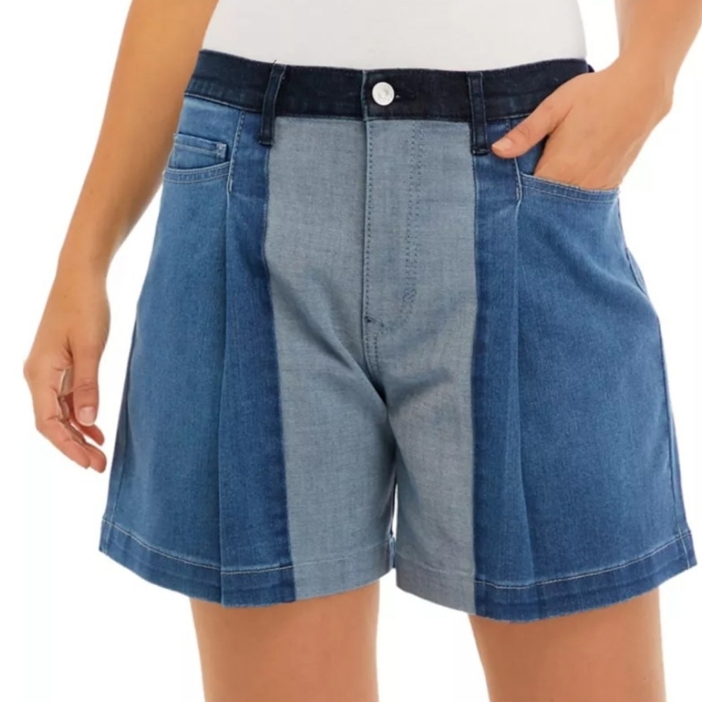Two-Tone Blue Patchwork Pleated Denim Shorts NWT - image 1